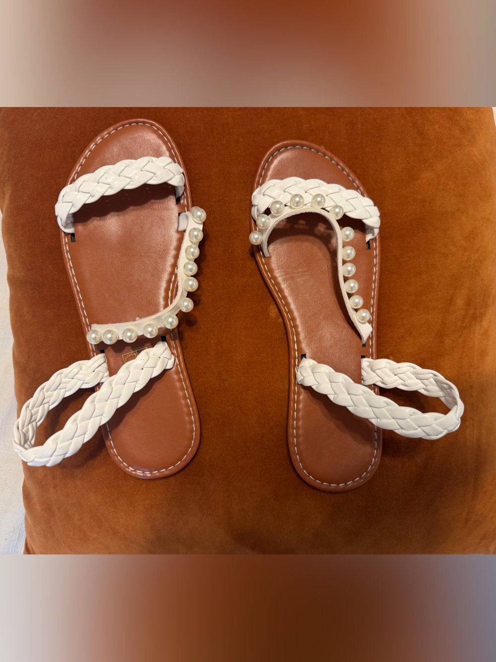 Women’s White Braided Pearl-Trim Sandals
